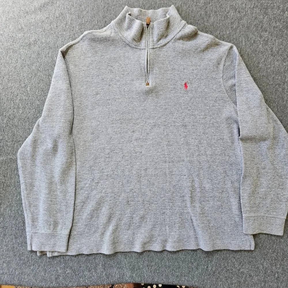 POLO RALPH LAUREN Quarter Zip Pullover 100% Cotton XXL Grey Red Pony Logo
